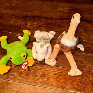 3 TY Beanie Babies Smoochy Frog Mystic Unicorn Stretch Ostrich